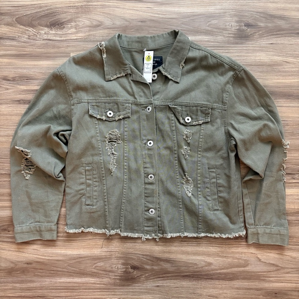 Olive Green Distressed Jean Jacket NWT Frayed Hem Casual Fit